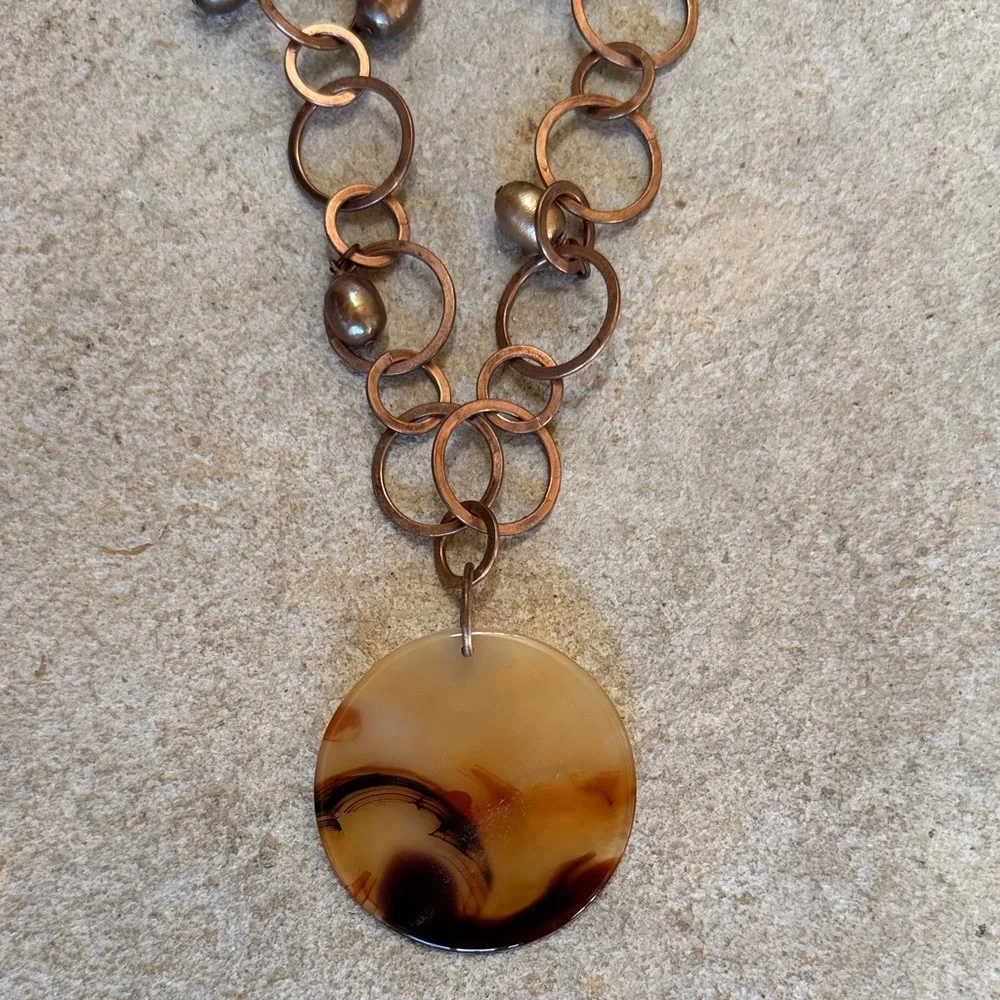 Brown Stone Pendant Multi-Chain bronze Necklace good condition